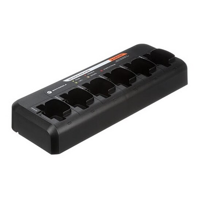 Front layout angle view of the LED battery indicators on the Motorola PMLN6588A Multi-Unit Desktop Charger base.