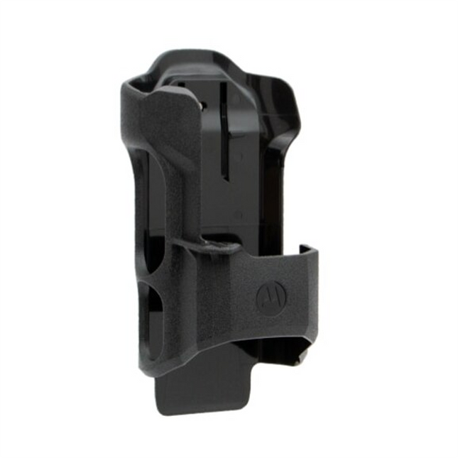 Right angle view highlighting the open button clearance and innovative mechanical retention locking rim of the Motorola PMLN8371A.