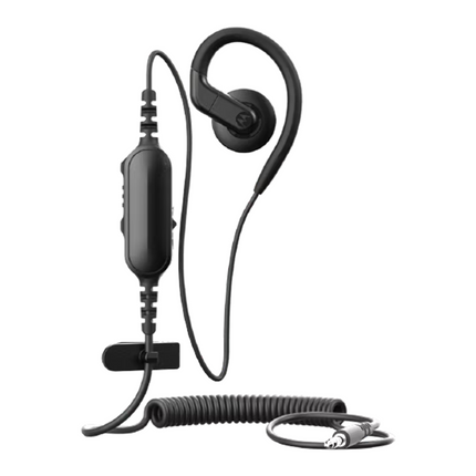 Front view of the Motorola PMLN8613AR TLK 25 short cord wired earpiece with in-line controls.