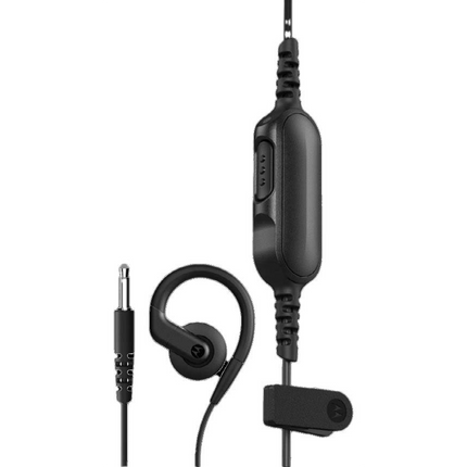 Close-up detail of the in-line PTT, mute, and voice assistant buttons on the Motorola PMLN8613AR earpiece.