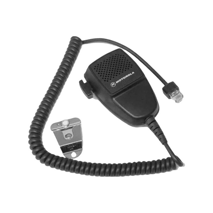 Close-up detail of the palm-style housing and coiled cord on the Motorola PMMN4129A mobile mic.