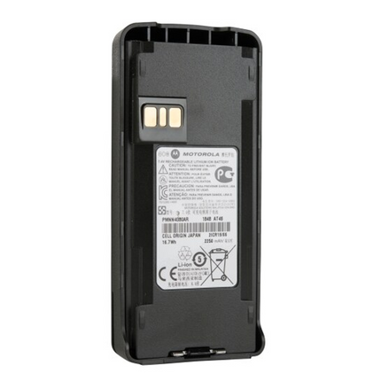 Rear chassis view showing the locking latch mechanism on the Motorola PMNN4080B battery.