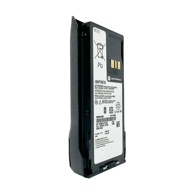 Side profile view highlighting the physical latching rail and rugged environmental seal of the Motorola PMNN4603A battery.