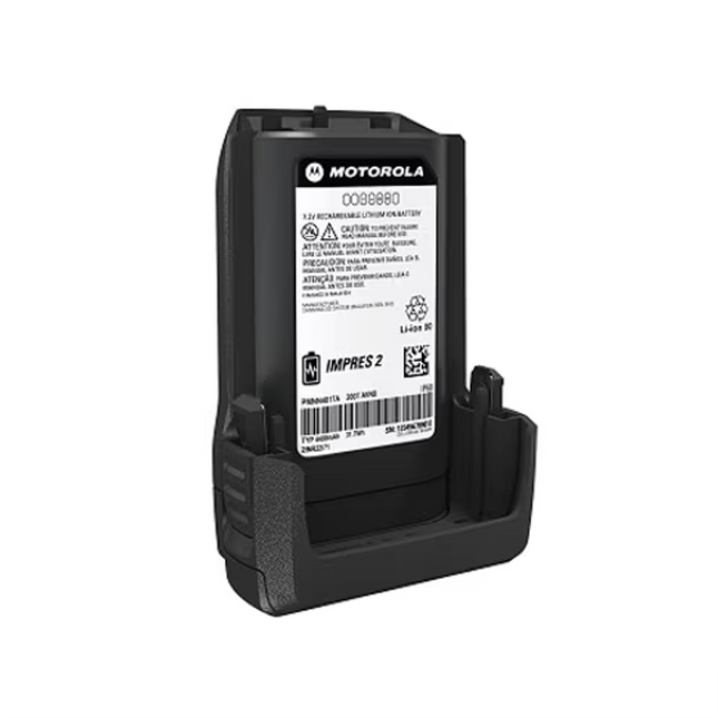 Rear view of Motorola PMNN4817A battery showing IMPRES 2 charging contacts and IP68 rugged housing.