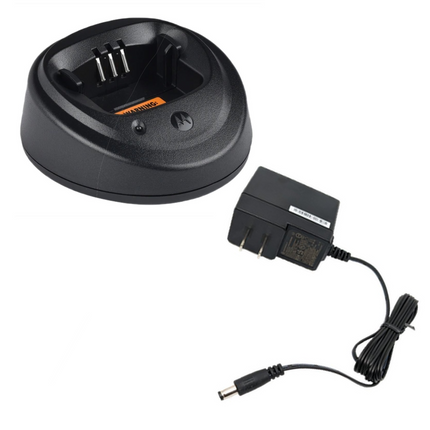Motorola PMPN4173B single-unit desktop charger complete kit with WPLN4137C cradle base and US power supply plug.