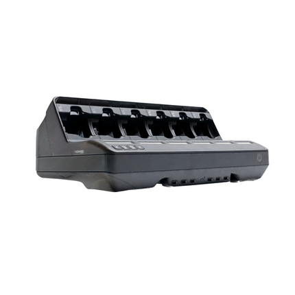 Front view of the Motorola PMPN4591BTAA TAA compliant multi unit charger showing six empty drop in bays and LCD screens.
