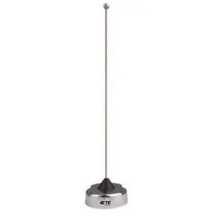 Front view of the 6 inch chrome TE Connectivity QW450 quarter wave whip antenna highlighting the threaded NMO mounting base.