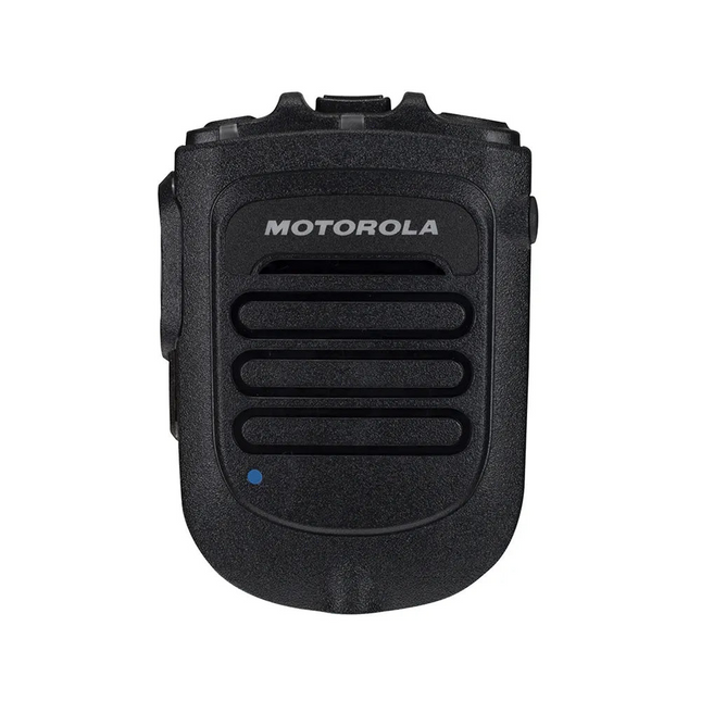 Motorola RLN6544A Wireless Remote Speaker Microphone showing the large recessed push-to-talk button and task light.