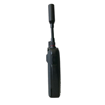 Profile view of the Icom SAT100 showing the PTT button and antenna port.