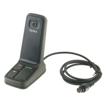 Side profile showing the weighted desktop chassis and 10-pin aviation connector of the Hytera SM10A1.