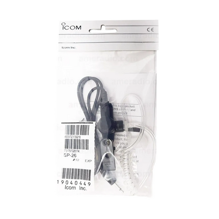 The genuine Icom SP-26 surveillance-style acoustic tube earphone highlighting the clear plastic ear piece loop and black connection cord.