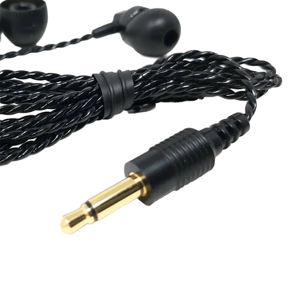 Close-up of the 3.5mm connector plug interface and the premium removable soft earbud of the Icom SP40 earpiece.