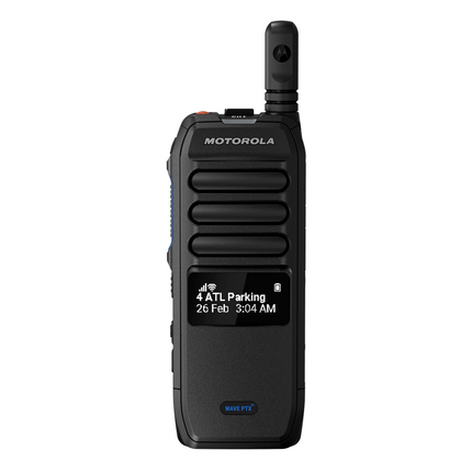 Front view of the Motorola TLK 200 WAVE PTX portable radio with 2.5-line display.