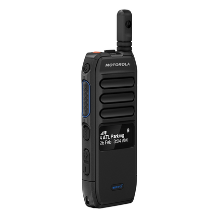 Side profile showing the PTT and volume buttons on Motorola TLK 200.
