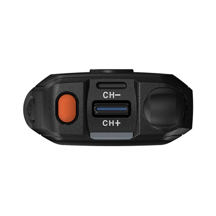 Close-up of the volume, channel, and power on/off buttons on Motorola TLK 200.