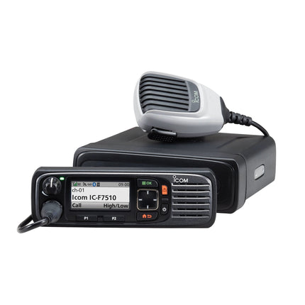 Front view of the Icom F7510 mobile radio highlighting its high-resolution color LCD and physical control layout.
